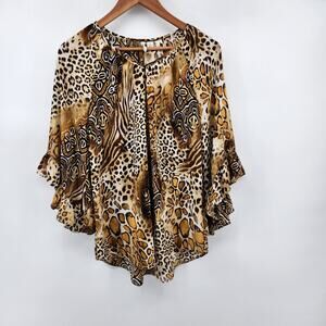 Cato Women's Size Small Popover Animal Print Blouse Ruffled Bell Sleeves